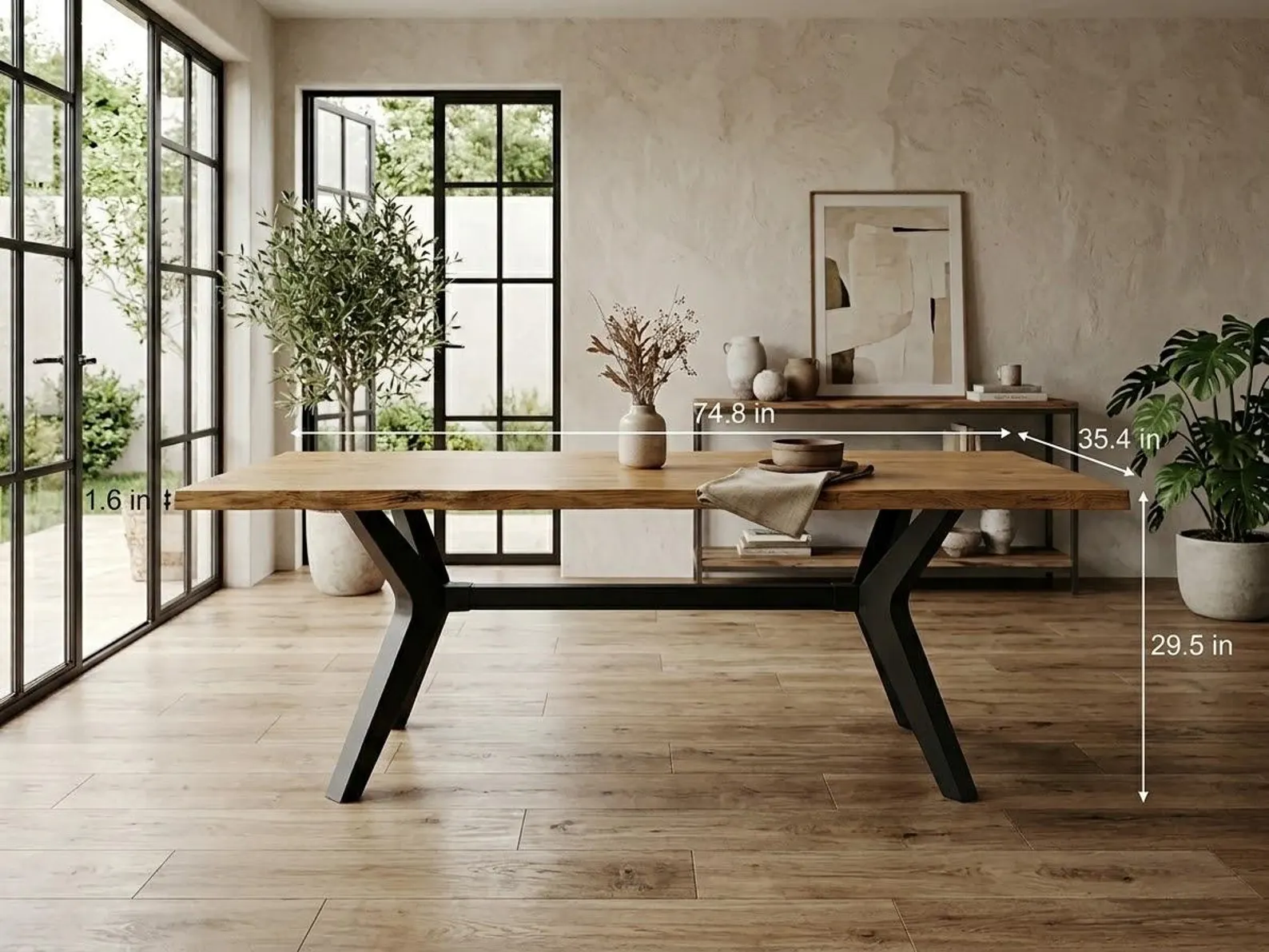 Vilwood Live Edge Solid Oak Dining Table with Black Metal Legs, 190 cm