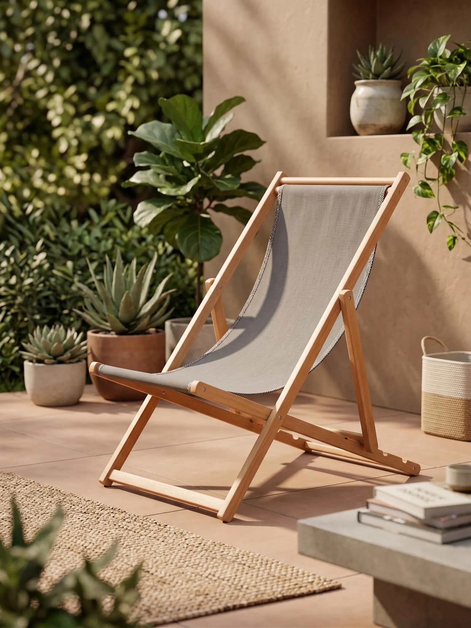 Vilwood Beech Wood Deck Chair, 4-Position Folding Sling Chair for Garden, Patio, Beach & Camping